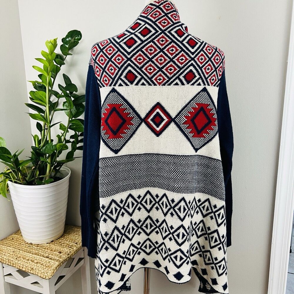 Spoiled Angel Geometric Pattern Open-Front Cardigan - Navy, Red & Cream. Size L.